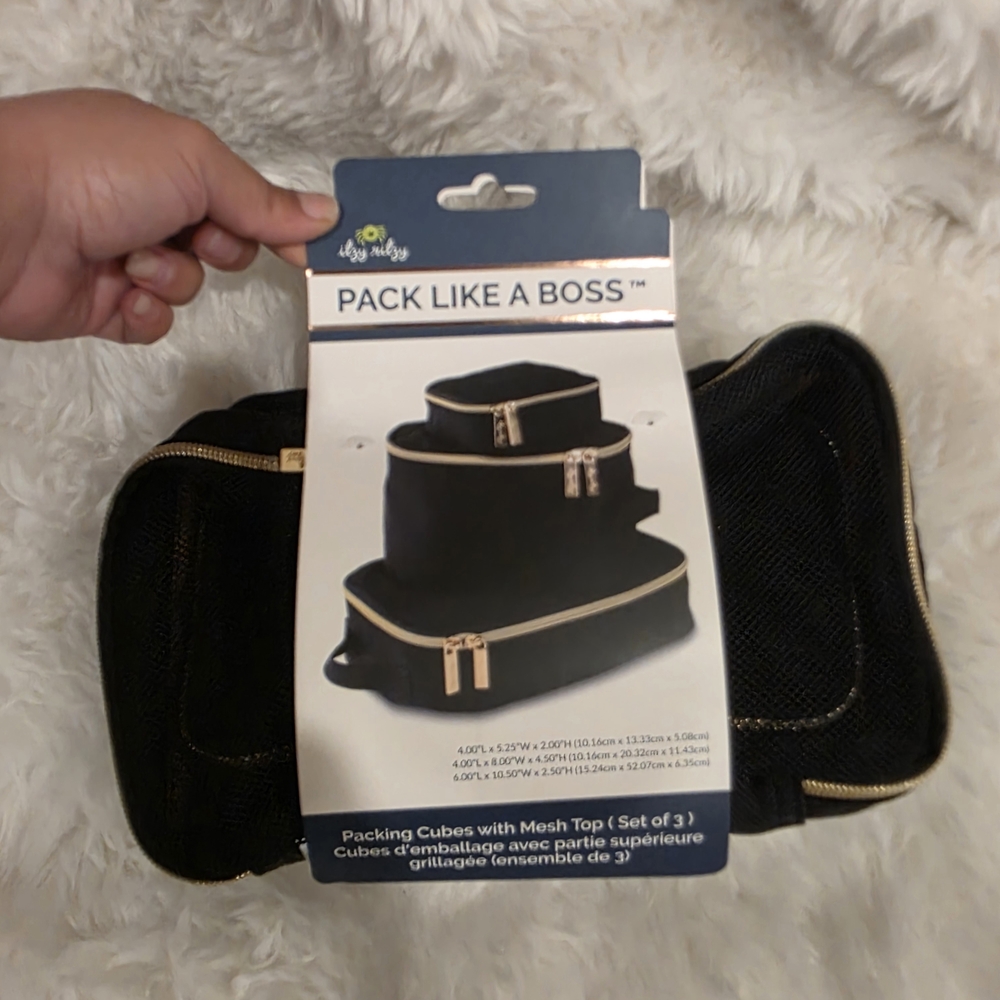 Black Packing Cubes with Gold Zippers